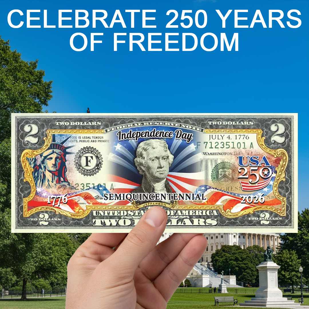Amerikas 250. Jubiläum 2-Dollar-Schein | Unabhängigkeitstag zweiseitig