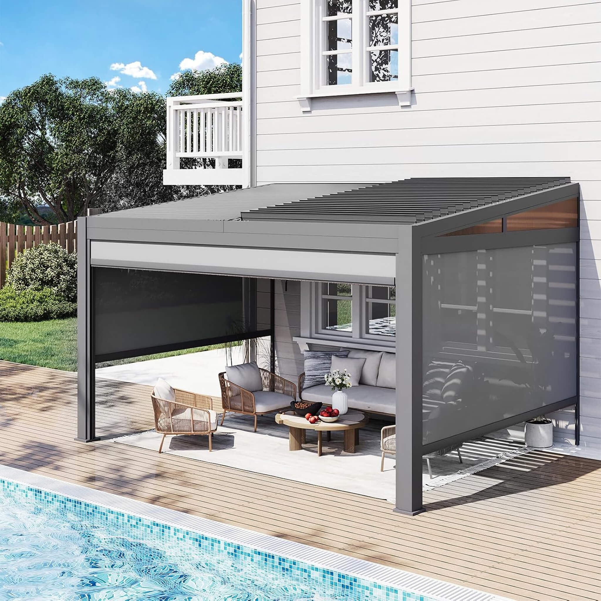 Alora Luxury Wall-Mounted Aluminum Louvered Pergola With Pull-Down Screens (SAK91537)