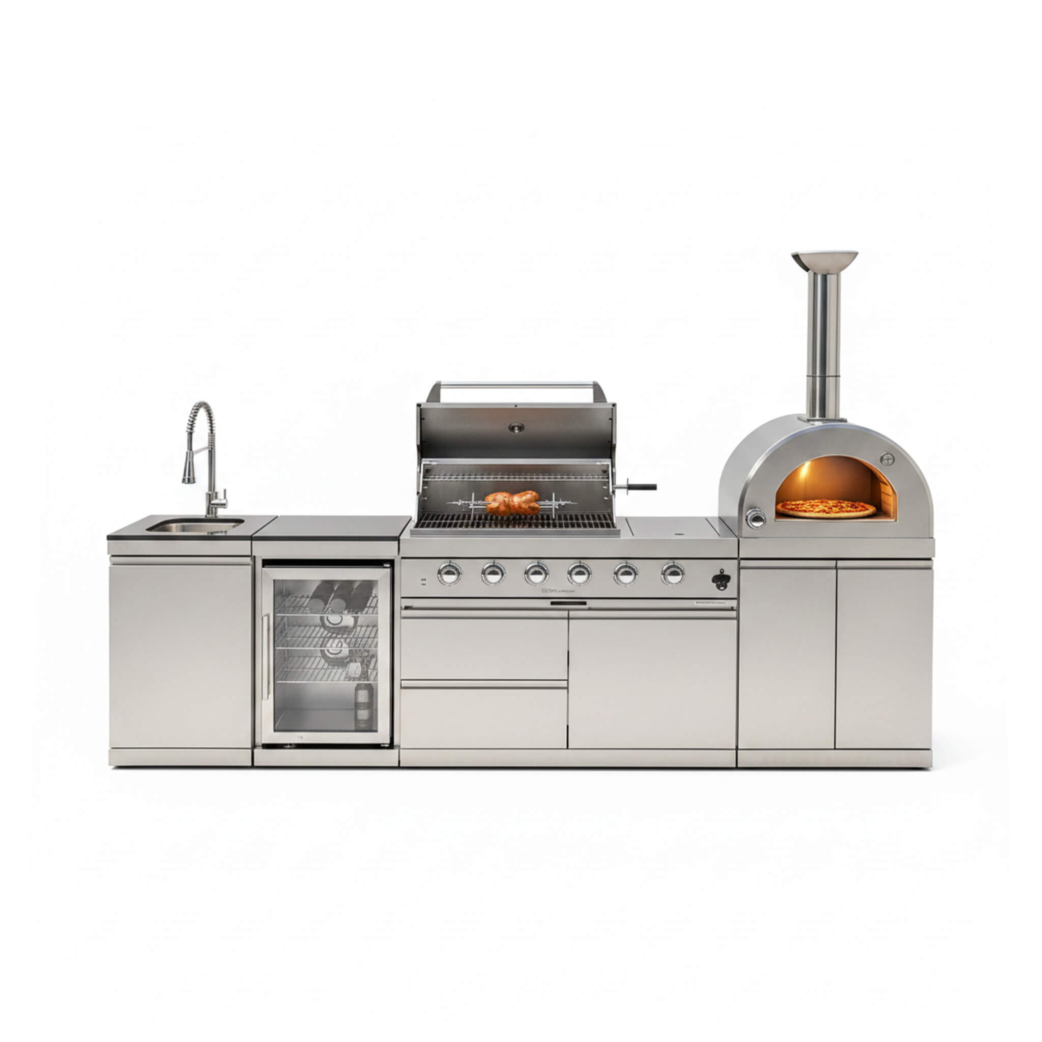 Blazon 112-Inch 4-Burner 108K BTU Outdoor Kitchen Island W/ Pizza Oven, Rotisserie, Refrigerator, Granite Countertop, Storage Cabinets, And Drawers (SAK94565)
