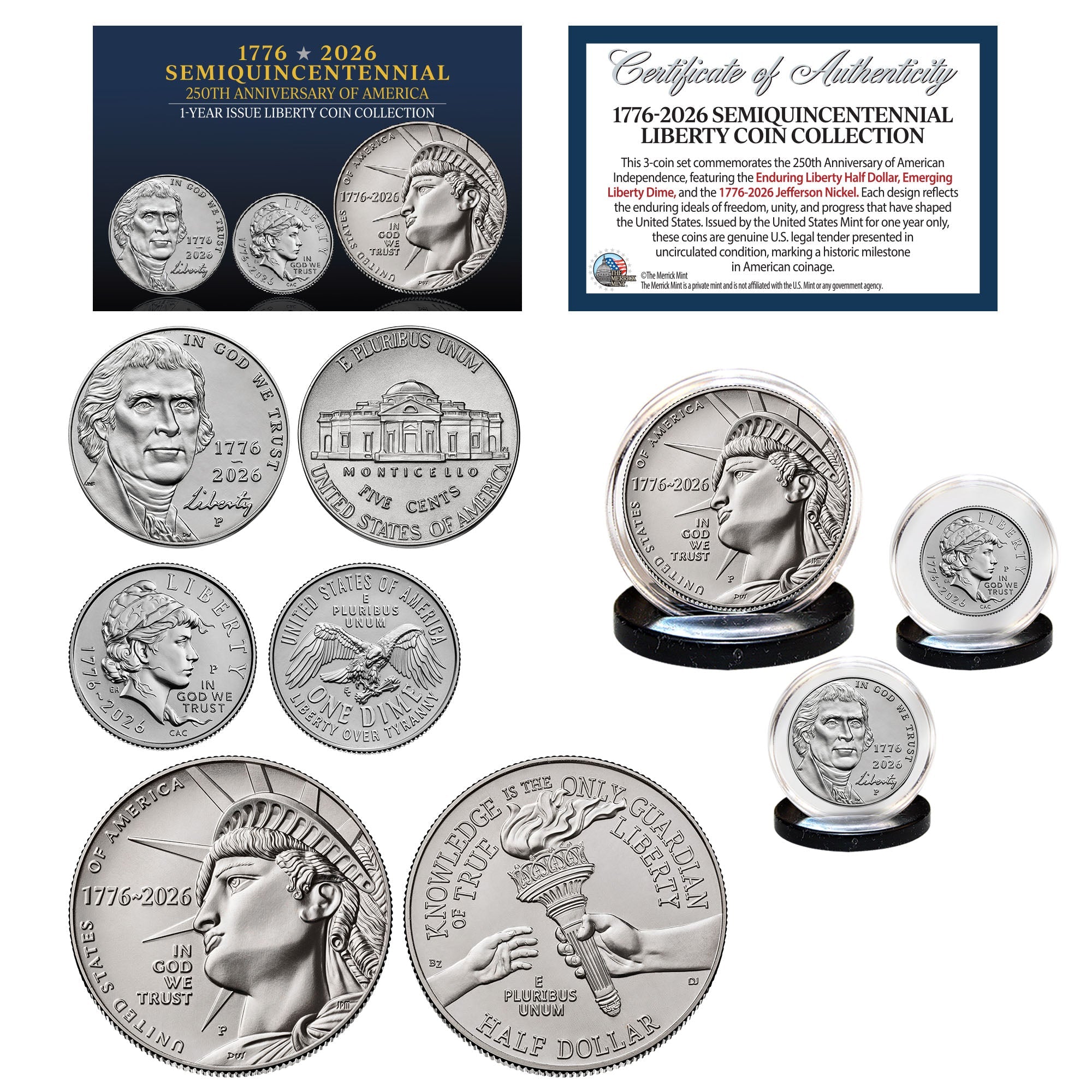 (P-MINT) 1776–2026 Semiquincentennial Liberty 3-Münzen-Set – USA 250. Sammler-Edition