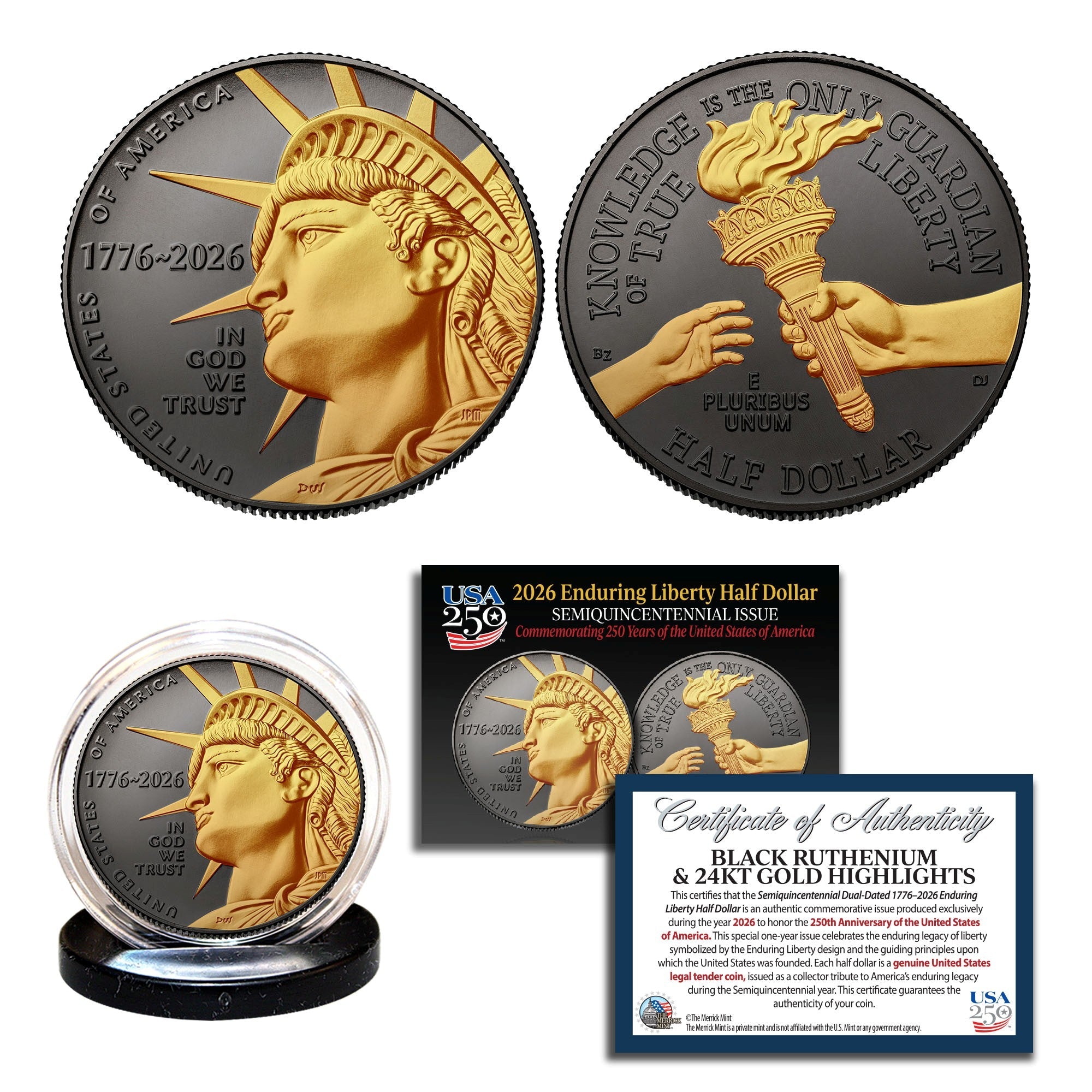 Liberty Half Dollar 1776-2026 | Schwarzes Ruthenium-Finish mit 24K Gold-Highlights – Semiquincentennial Half Dollar Münze