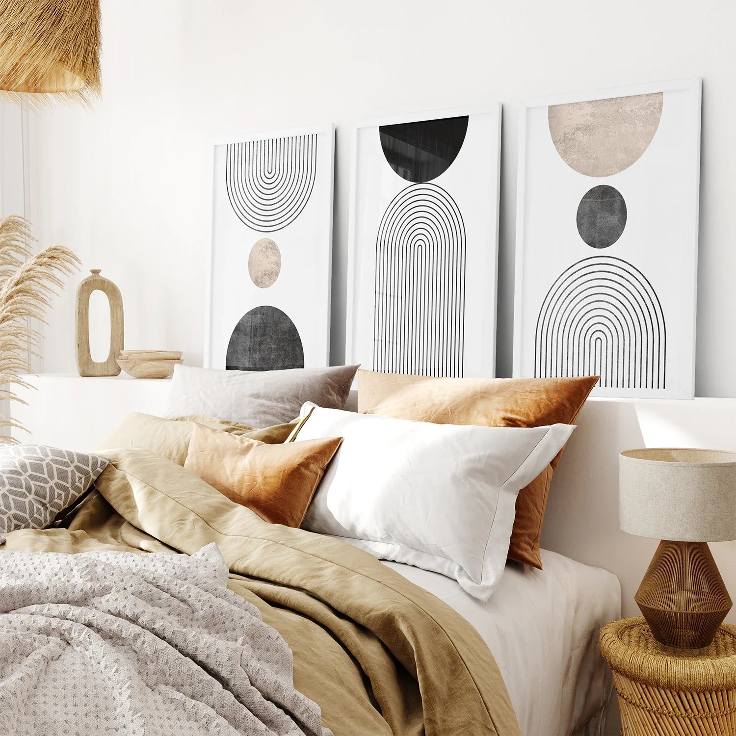 Neutrale Mid-Century Modern Wandkunst | 3er Set