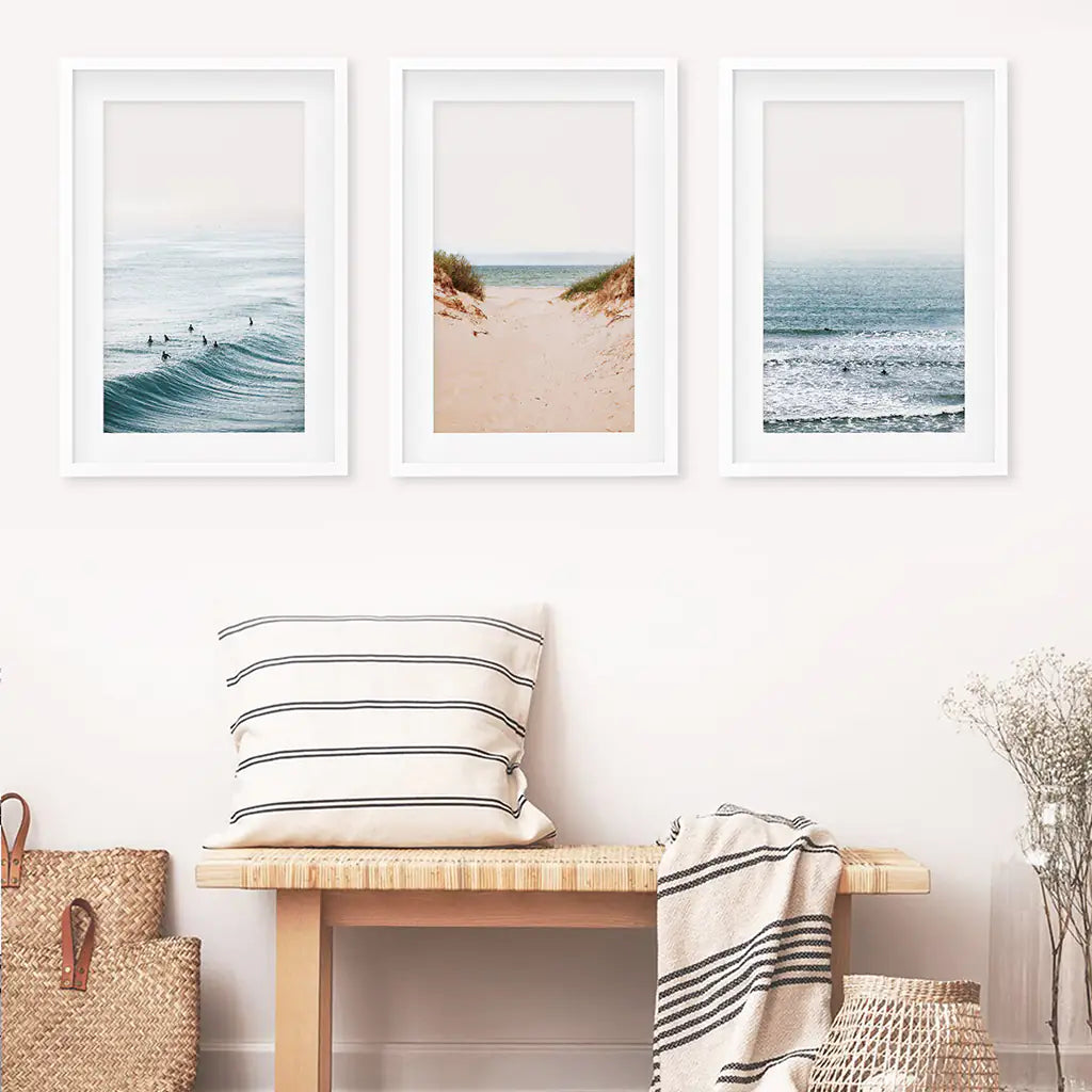 Modernes Strand Poster 3er Set. Sandstrand, Wellen, Surfer