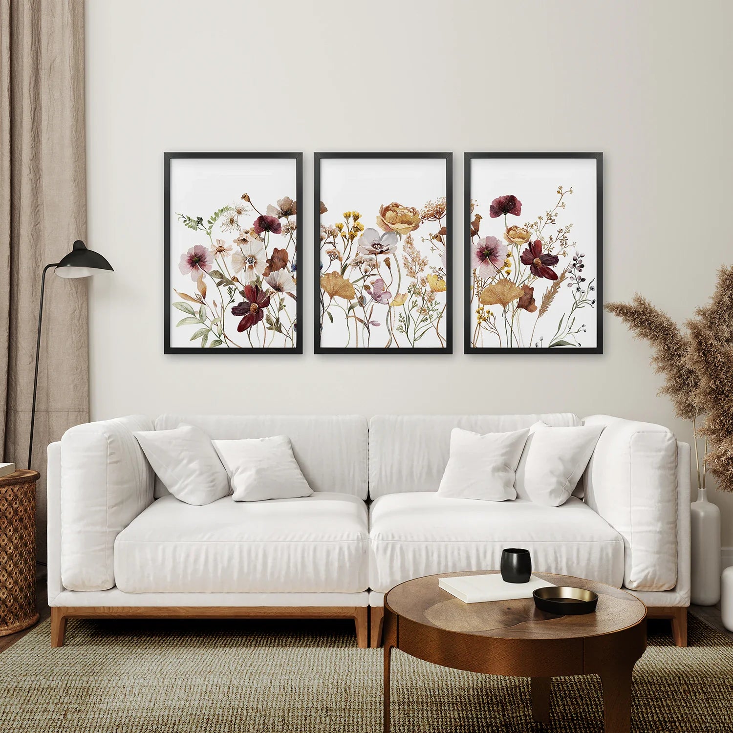 3-teiliges Wandbild-Set mit braunen und roten Wildblumen