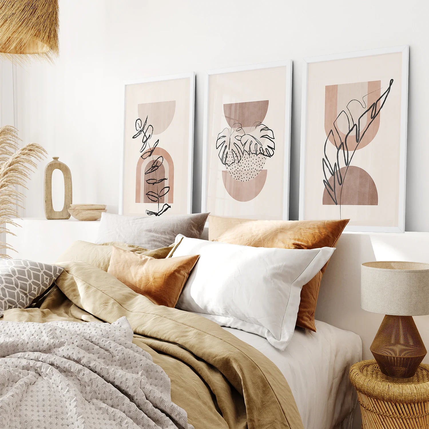 Abstraktes Aquarell 3er-Set Boho-Drucke. Tropische Blätter