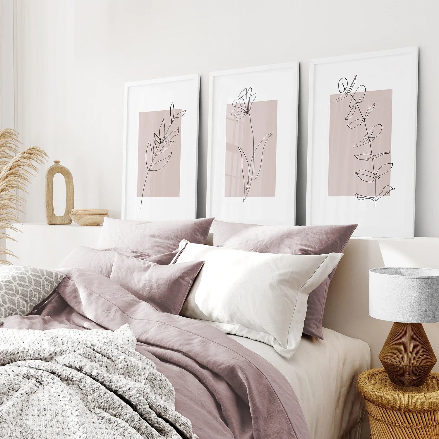 Set aus 3 botanischen Line-Art-Drucken in Rouge-Pink