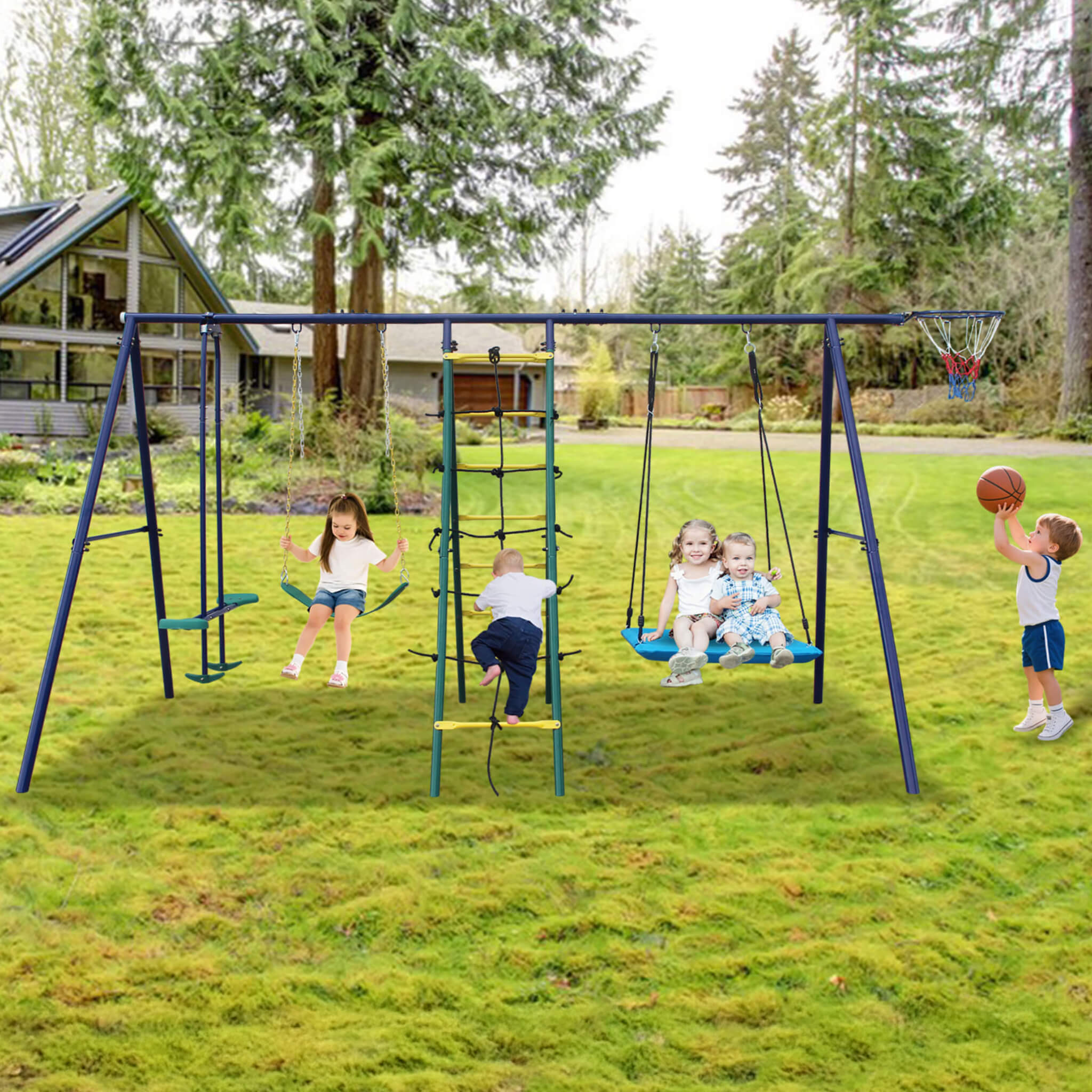 6-in-1 Outdoor-Schaukelset mit Kletterleiter, Netz und Basketballkorb (SAK98152)