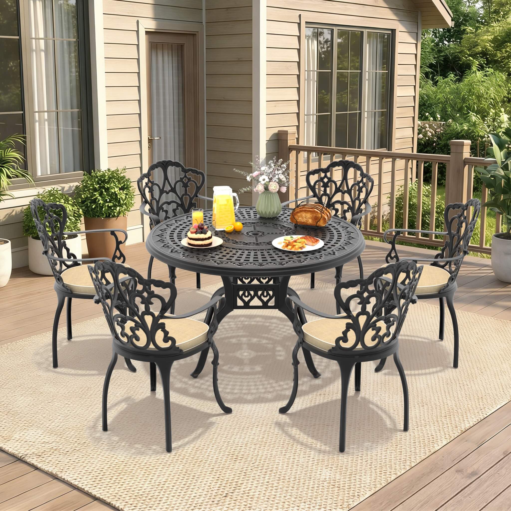 Alora 7-Piece Cast Aluminum Patio Furniture Set With Black Frame And Off-White Cushions (SAK12948)