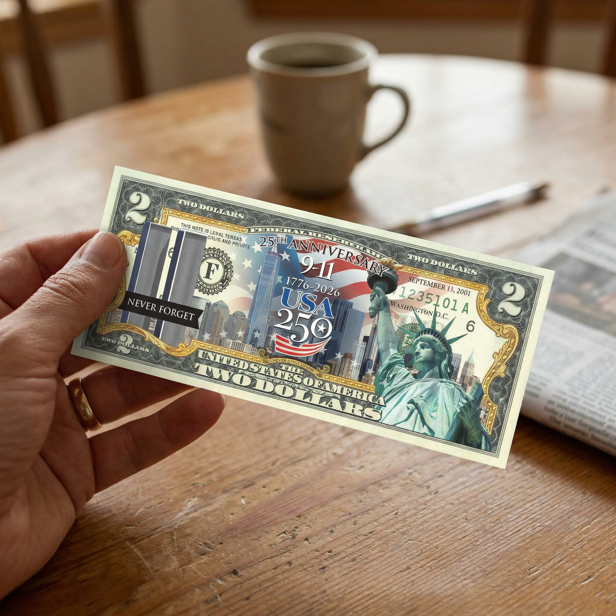 Gedenk-2-Dollar-Schein zum 25. Jahrestag von 9/11 + 250. Jahrestag Amerikas