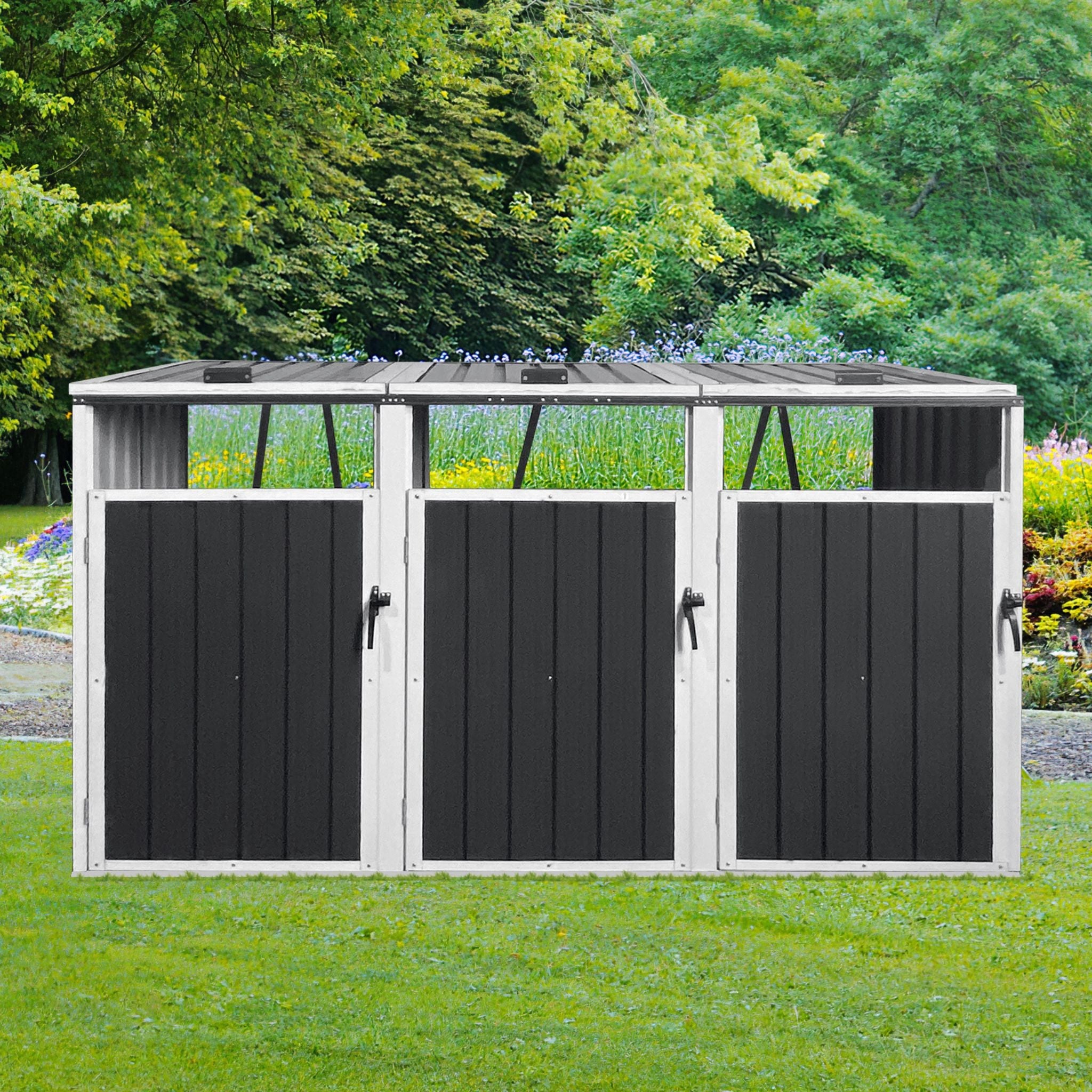 87 Zoll extra großer, strapazierfähiger Mülltonnenschuppen aus Metall für 3 Mülltonnen (SAK34981)