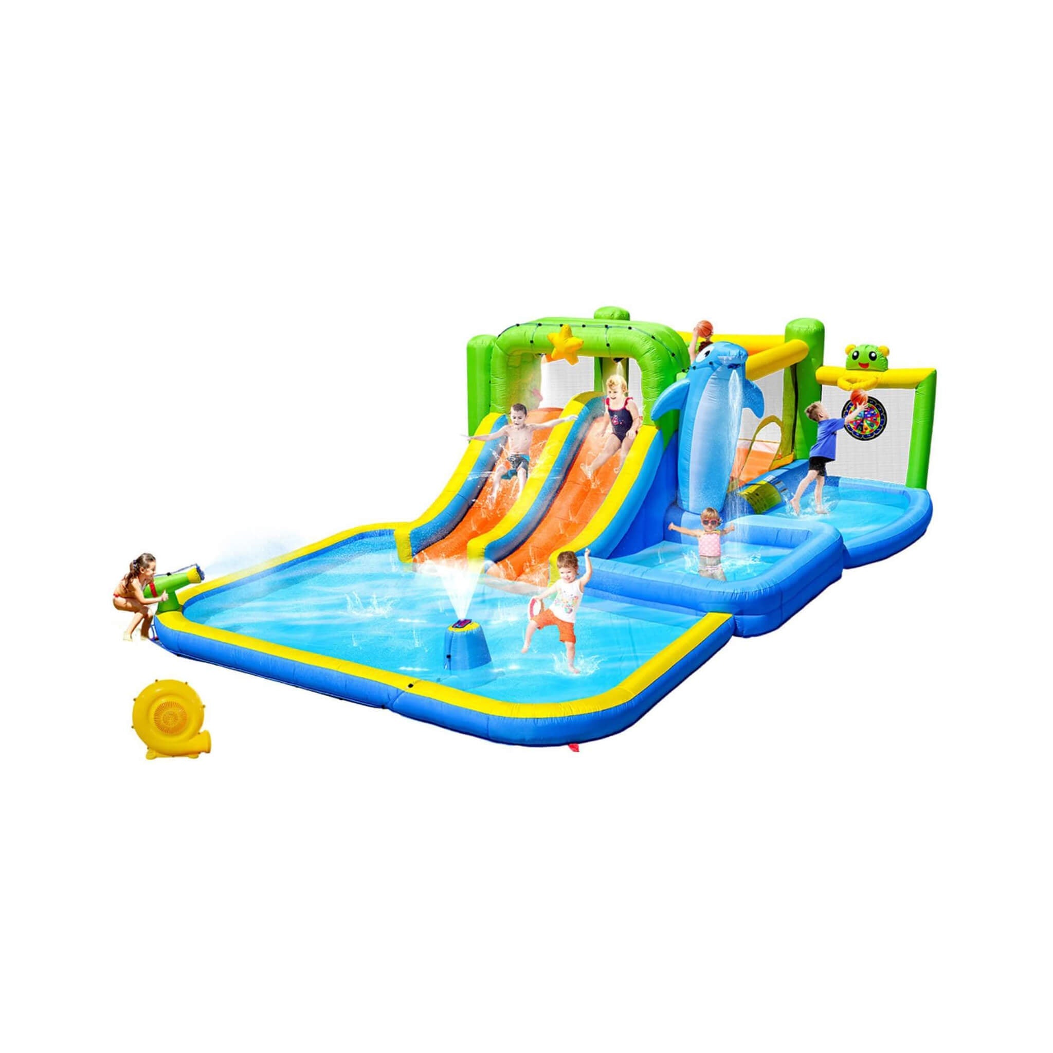 9-in-1 aufblasbare Hüpfburg mit Pool, Sprinkler und Wasserkanone (SAK98154)
