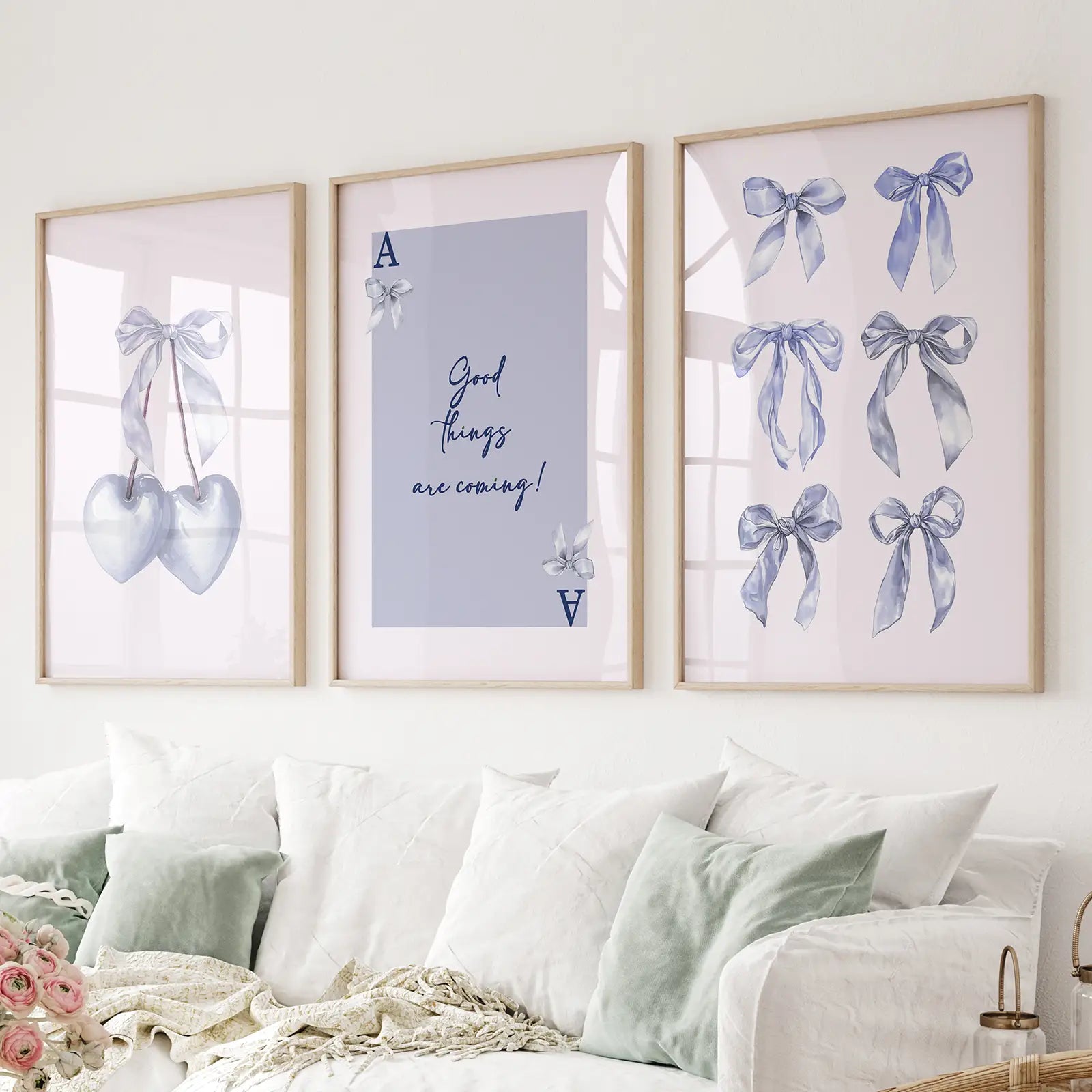 Trendige blaue Schleifen Preppy Poster Girly Deko Kunst Set