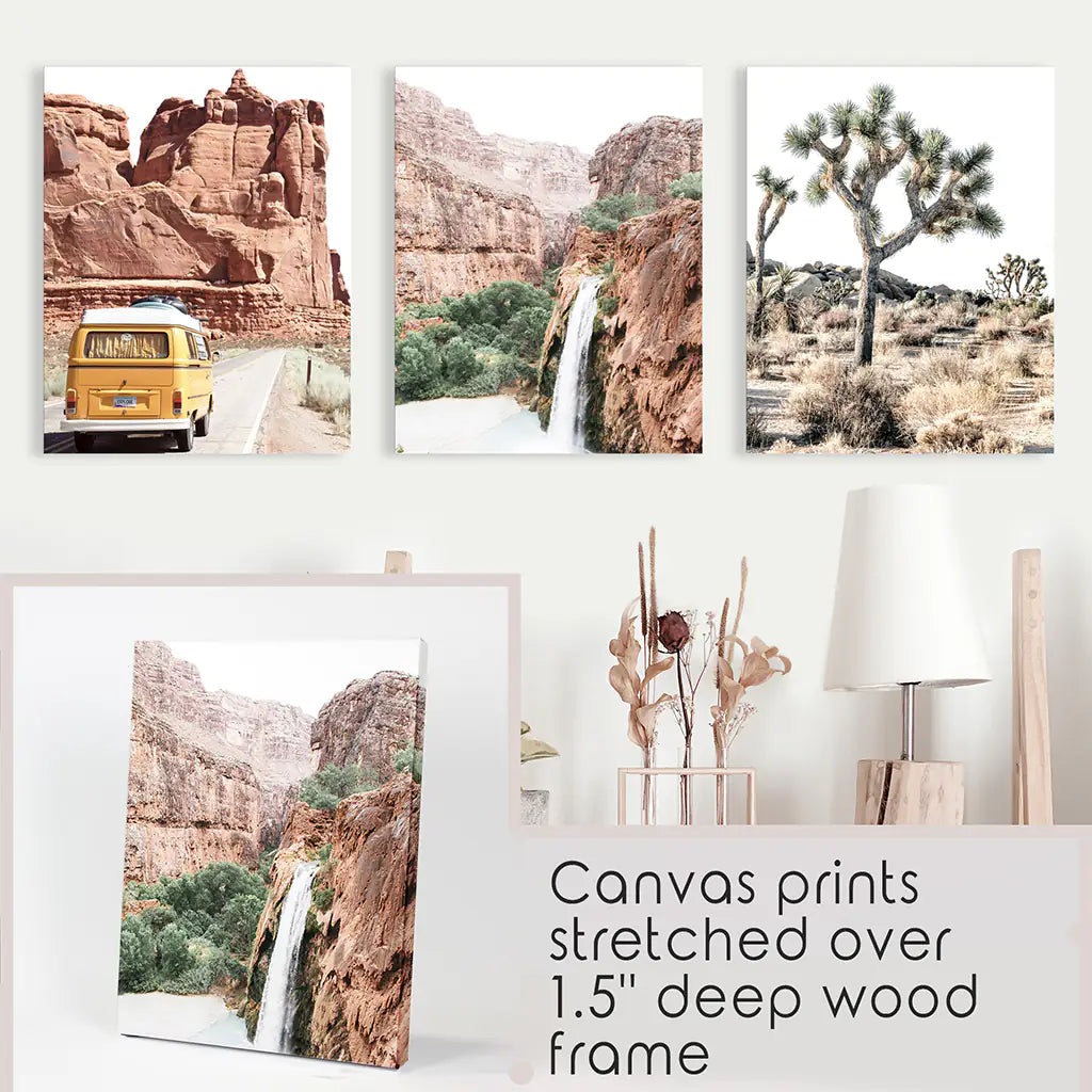 3-teilige Arizona-Reise-Wandkunst. Joshua Tree, Bus, Wasserfall