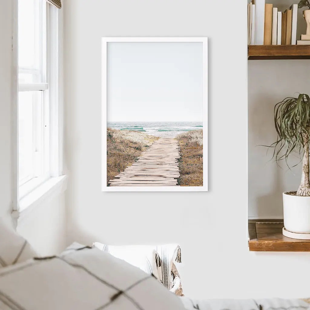 Beige Strandweg Wanddekoration. Moderner Boho-Druck