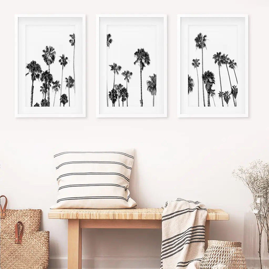 Black and White Palm Trees. Tropical Wall Art Set of 3 Prints