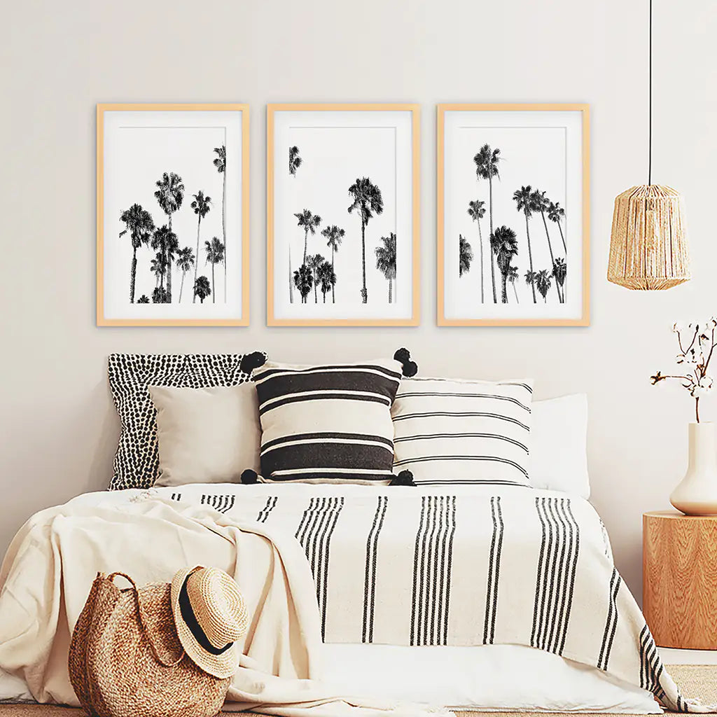 Black and White Palm Trees. Tropical Wall Art Set of 3 Prints
