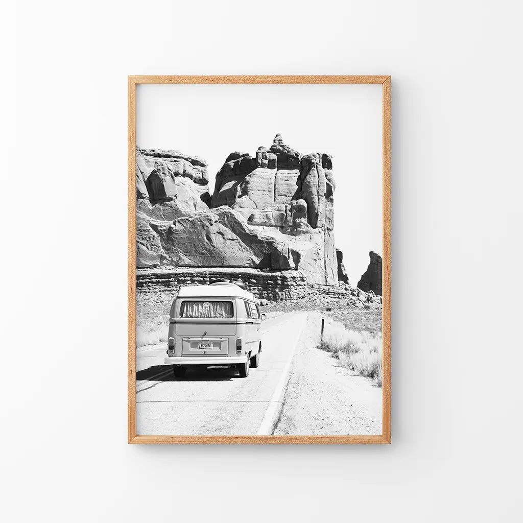 Schwarz Weiß Van Camper Poster. Utah Nationalpark Wandkunst