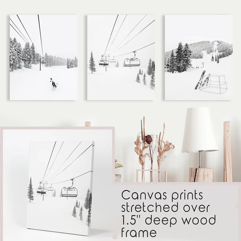 3-teiliges Wandbild-Set, Schwarz-Weiß, Wintersport. Skihütte
