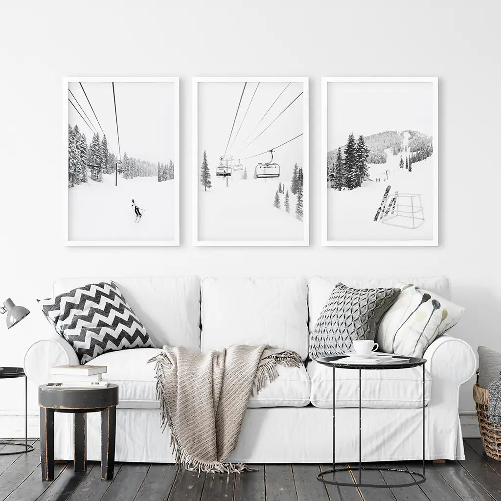 3-teiliges Wandbild-Set, Schwarz-Weiß, Wintersport. Skihütte