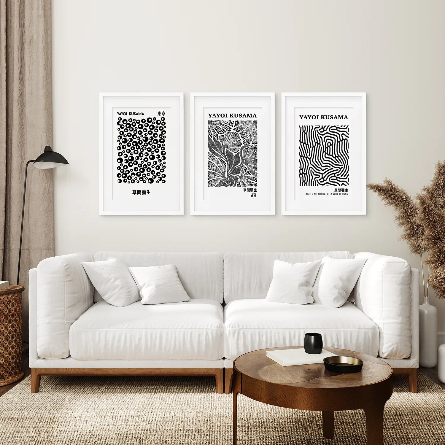 Schwarz-Weißes 3-teiliges abstraktes Kusama-Kunstset