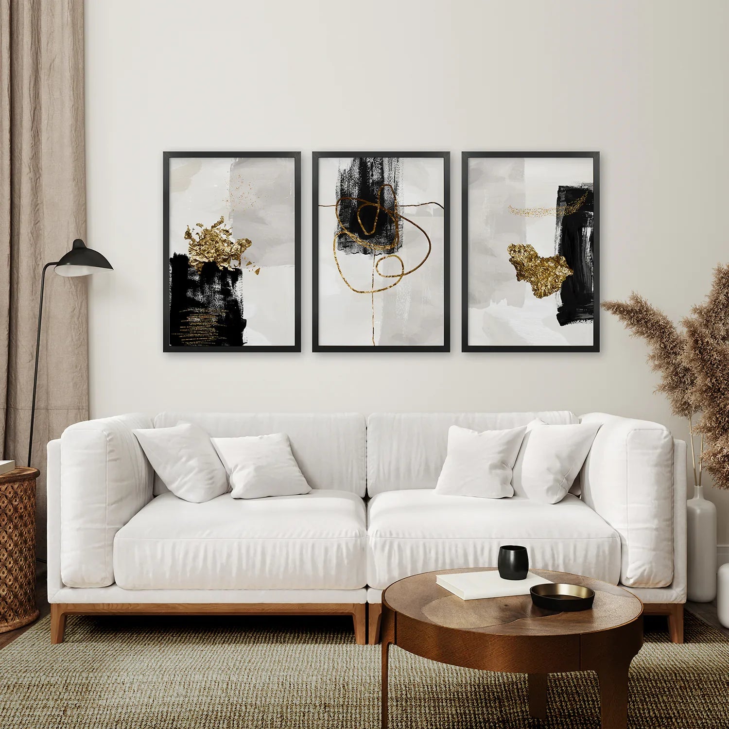 3-teiliges modernes skandinavisches Wandbild-Set. Schwarz und Gold