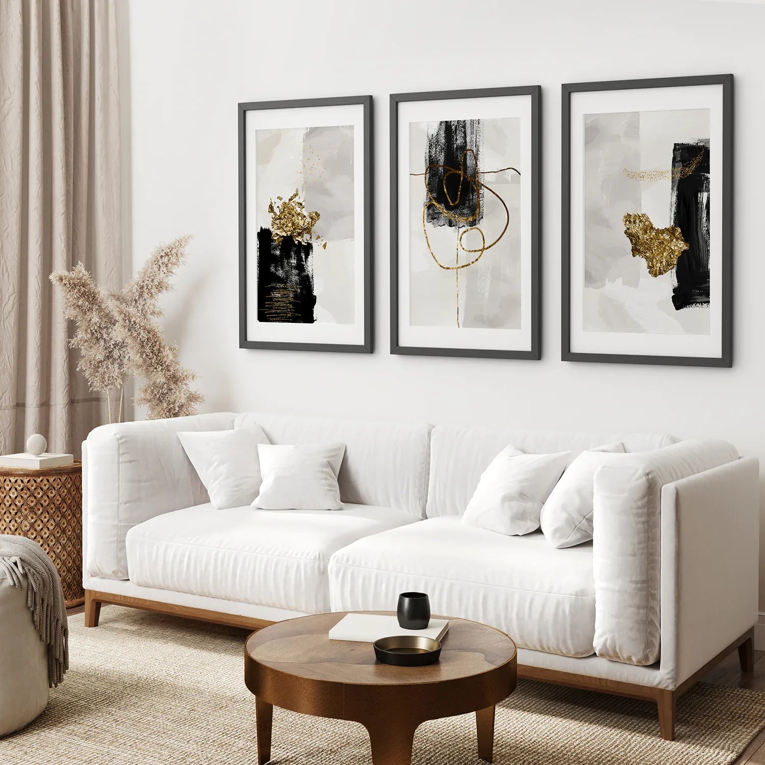 3-teiliges modernes skandinavisches Wandbild-Set. Schwarz und Gold