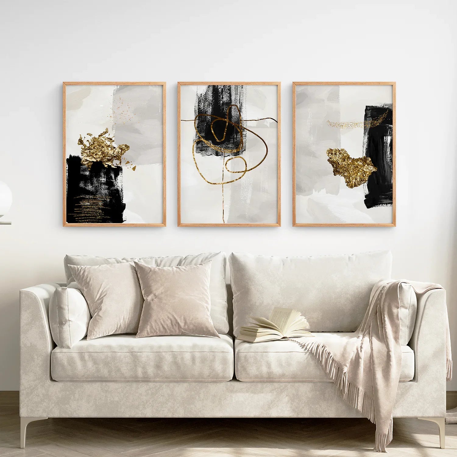 3-teiliges modernes skandinavisches Wandbild-Set. Schwarz und Gold