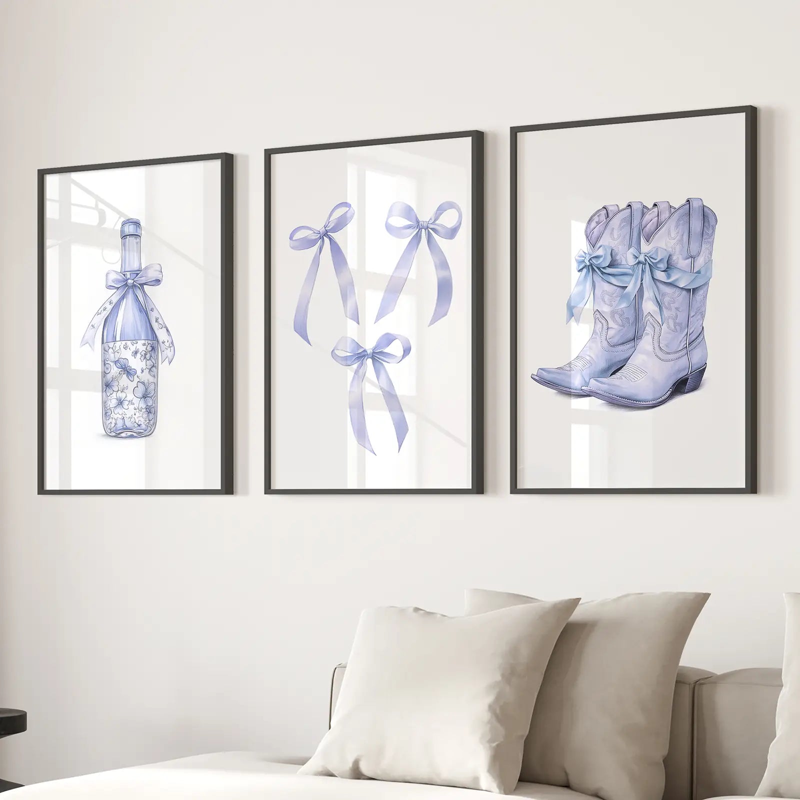 Trendige blaue Schleifen mädchenhaft Wandkunst 3er-Set Druck
