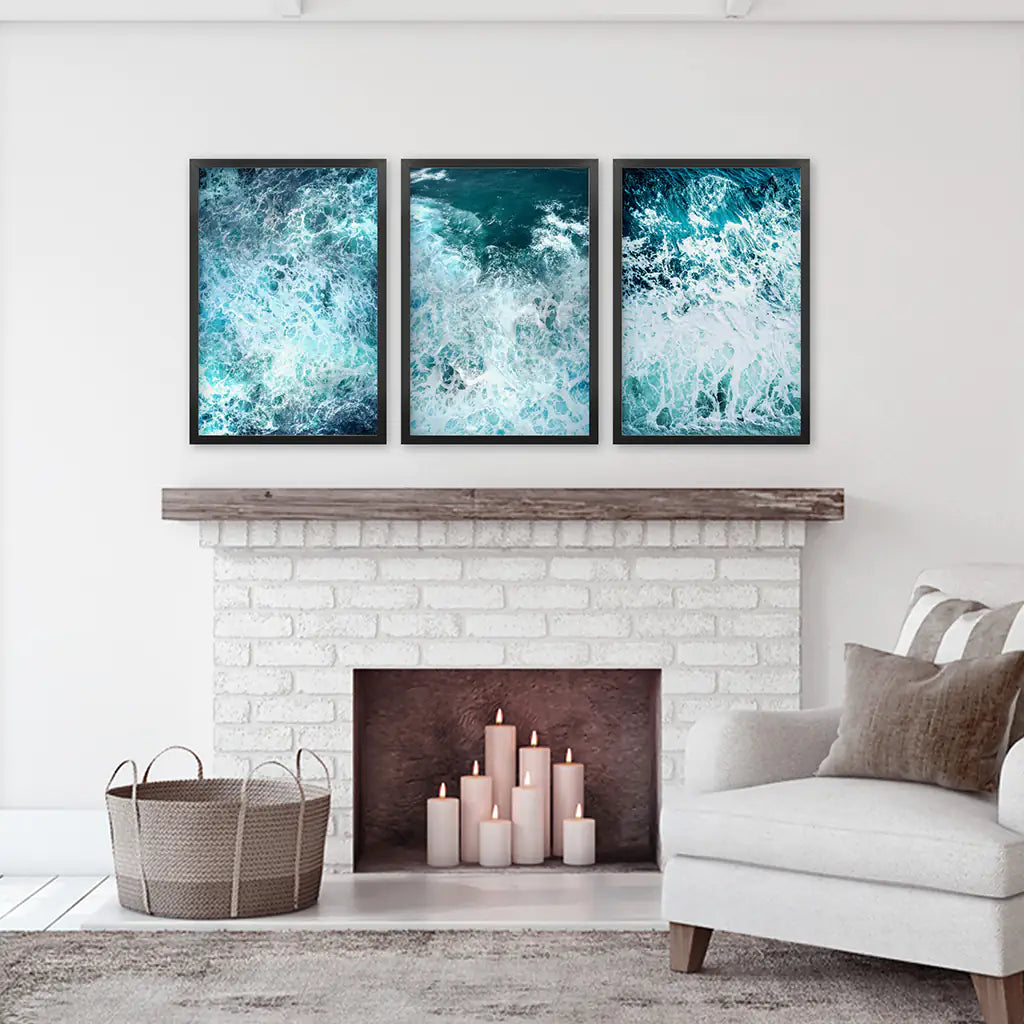 3-teiliges blaues, minimalistisches Wanddekor mit Meereswellen