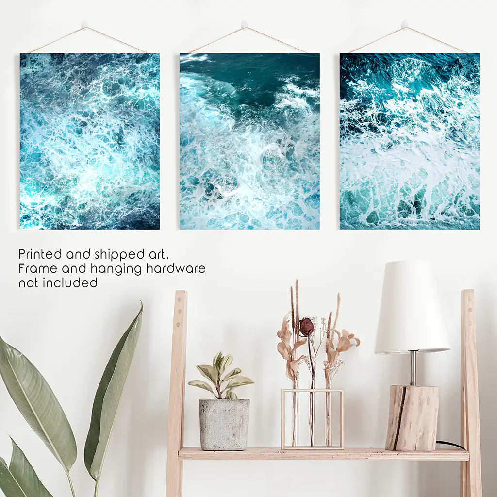 3-teiliges blaues, minimalistisches Wanddekor mit Meereswellen