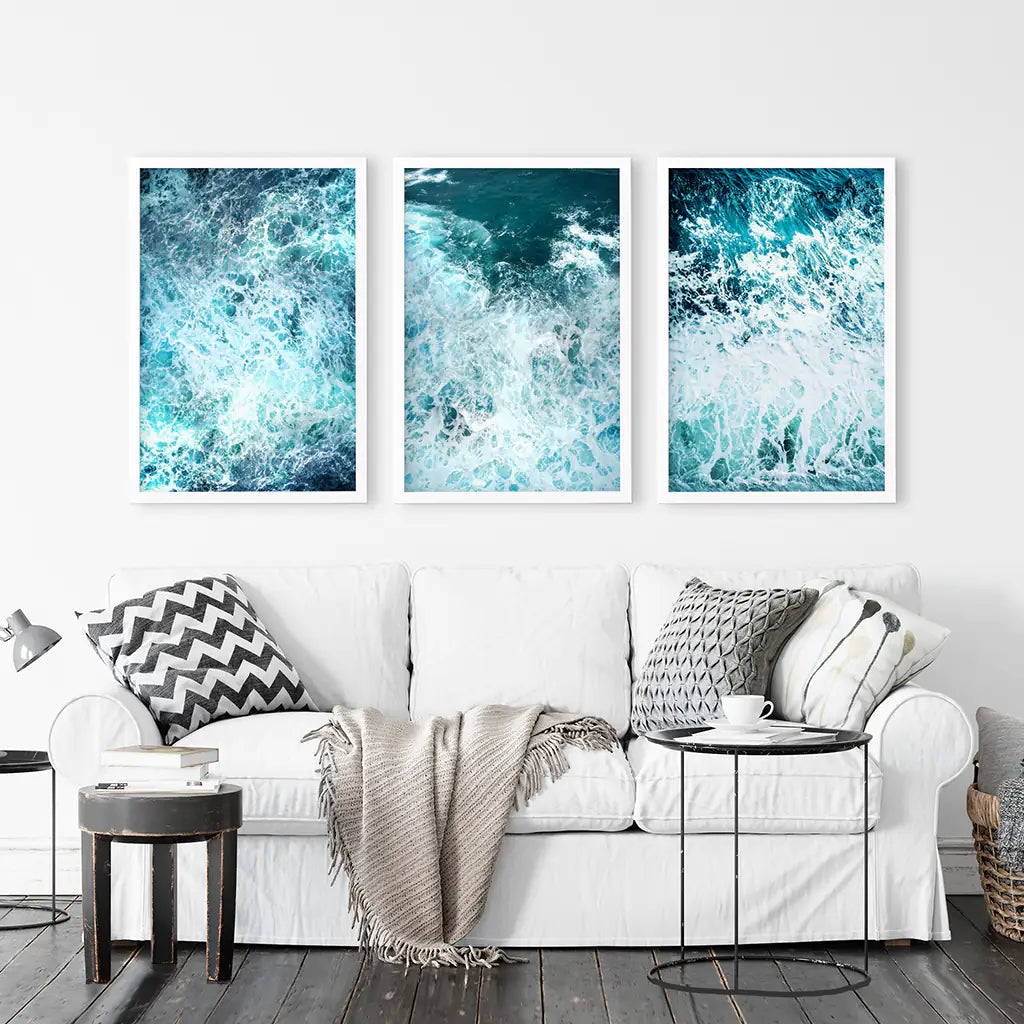 3-teiliges blaues, minimalistisches Wanddekor mit Meereswellen