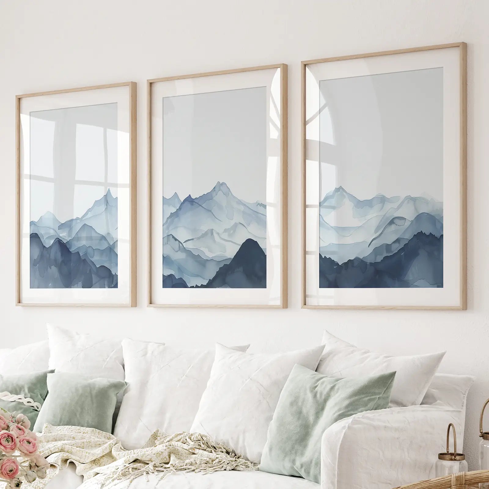 Blau abstrakt Aquarell Berg 3-teilige Deko