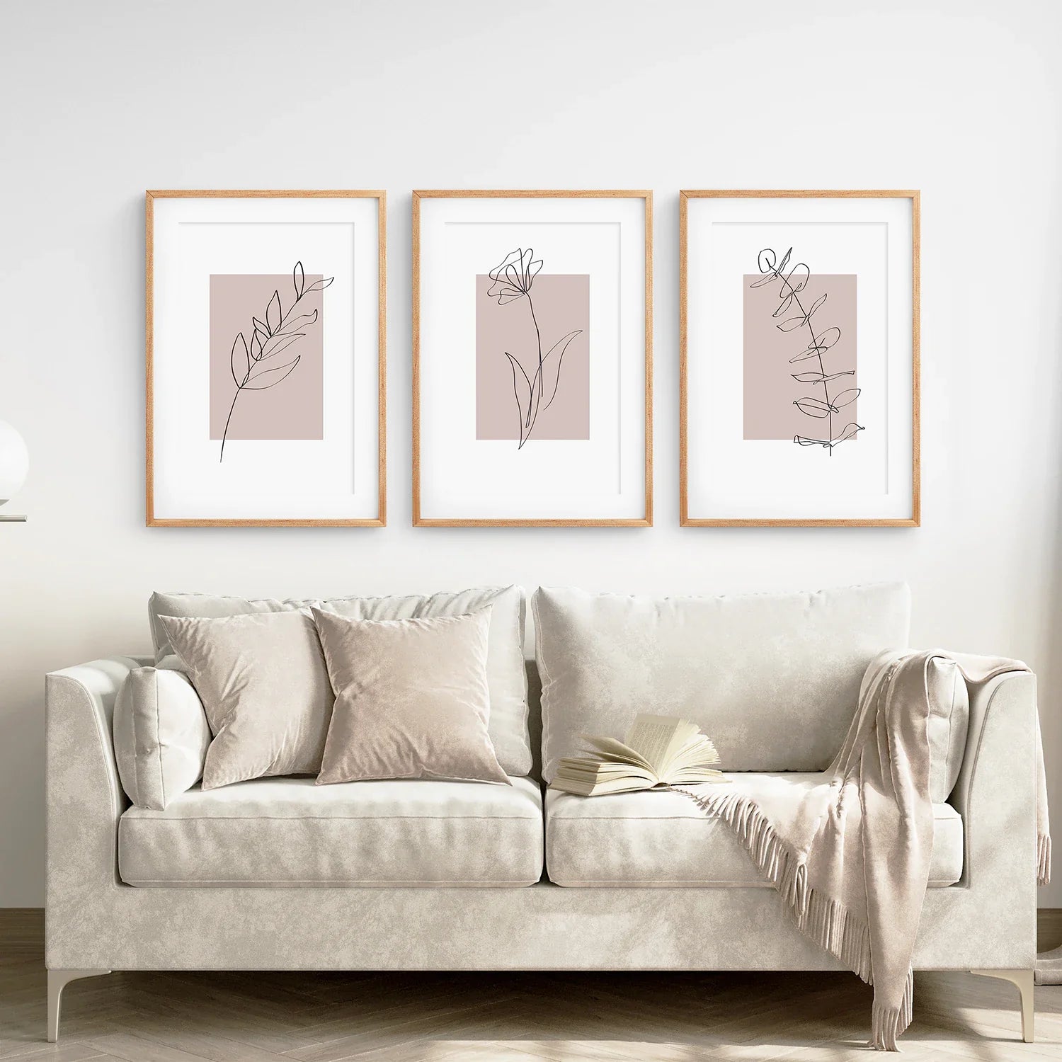 Set aus 3 botanischen Line-Art-Drucken in Rouge-Pink