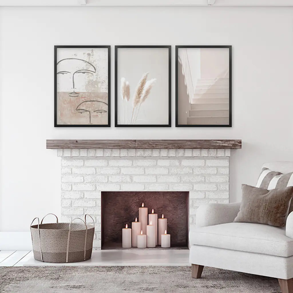 Boho Minimalist Wandkunst-Set. Abstrakte Gesichter, Gras, Treppen