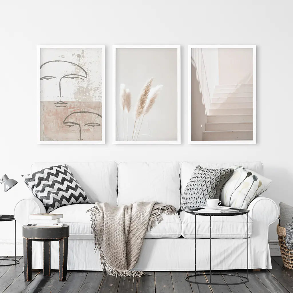 Boho Minimalist Wandkunst-Set. Abstrakte Gesichter, Gras, Treppen