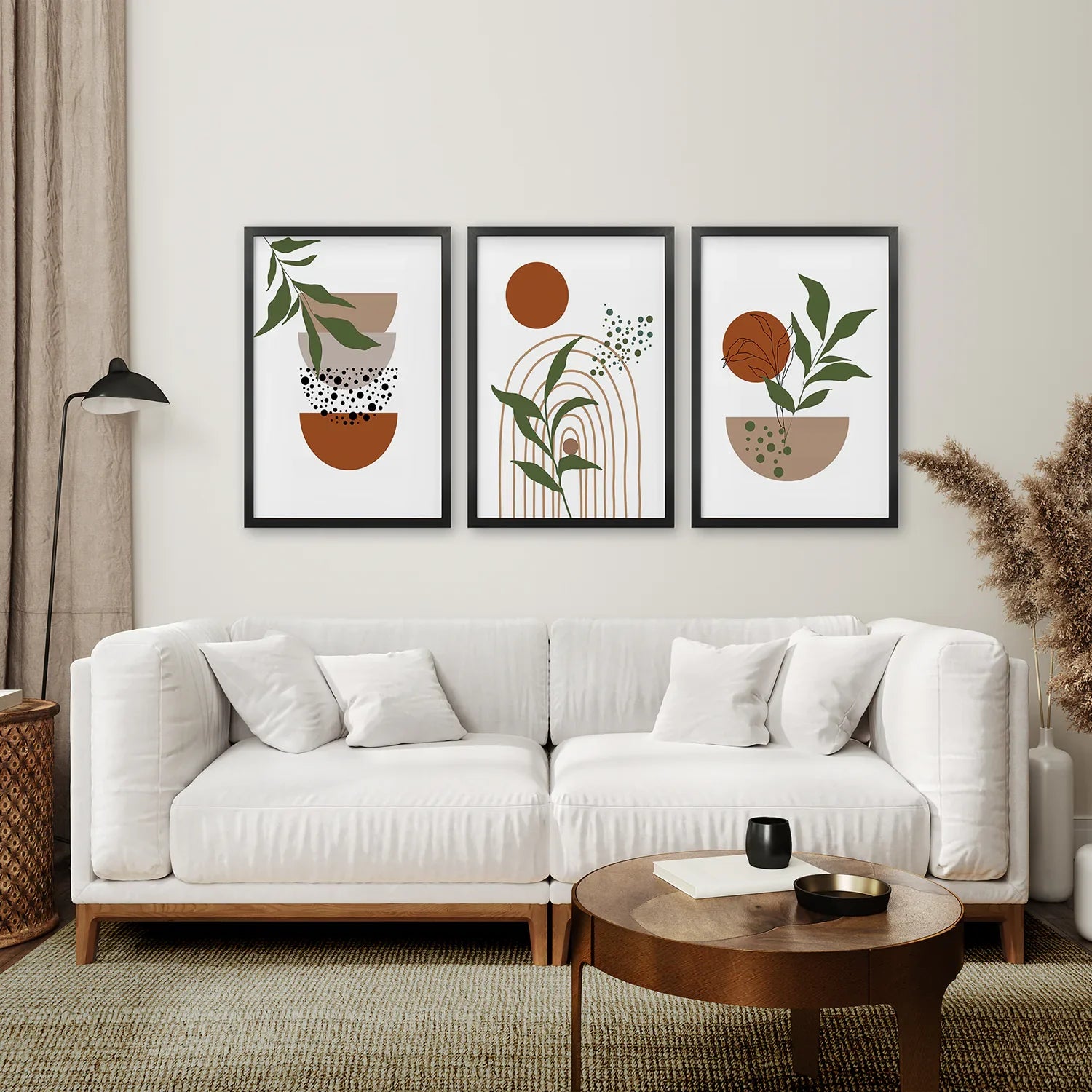 Abstrakte Wandkunst mit grünen Blättern, 3-teiliges Set. Erdtöne