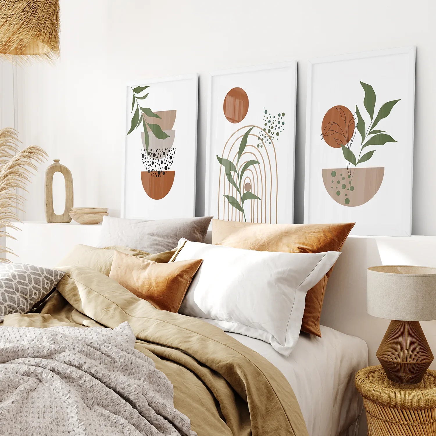 Abstrakte Wandkunst mit grünen Blättern, 3-teiliges Set. Erdtöne
