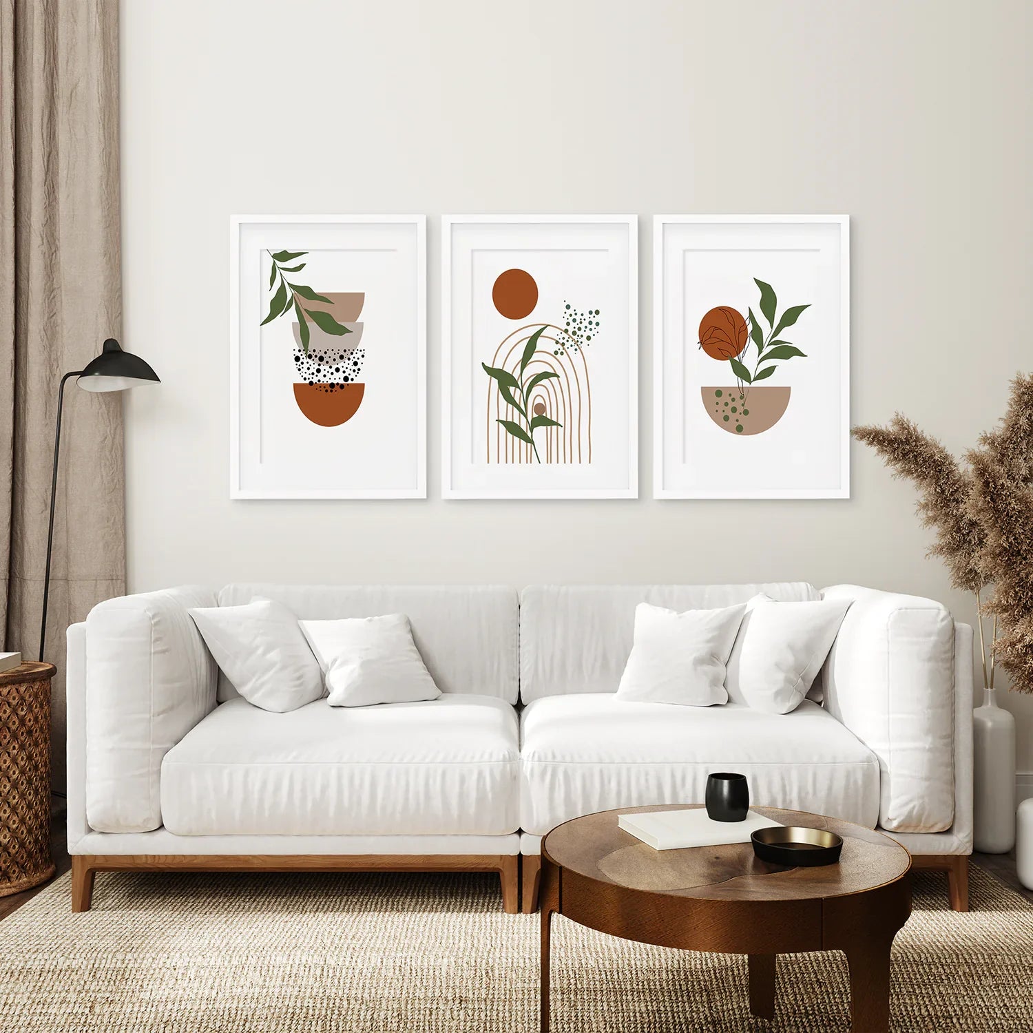 Abstrakte Wandkunst mit grünen Blättern, 3-teiliges Set. Erdtöne