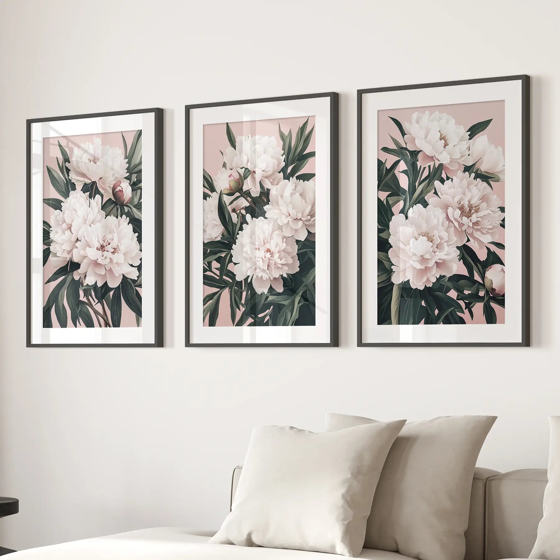 Pfingstrosen Blumen Wandkunst 3er Set. Rosa und Grüne Dekoration