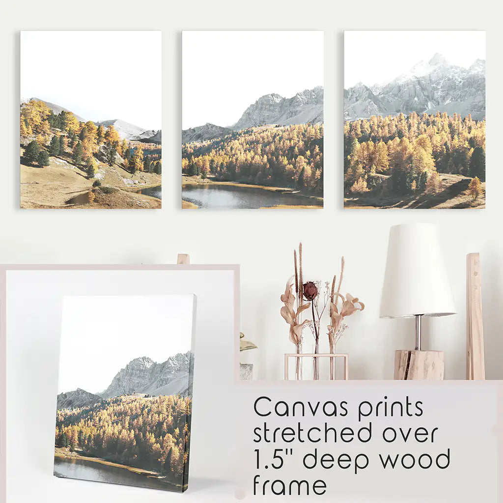 Braune Herbstlandschaft. 3-teiliges Bergsee, Wald Wandbild