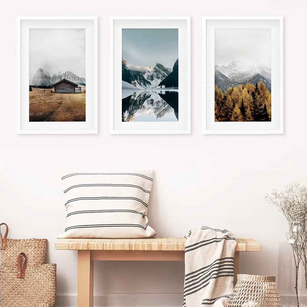 3-teilige Herbst Berg, Wald, See Wandkunst. Nordisches Foto