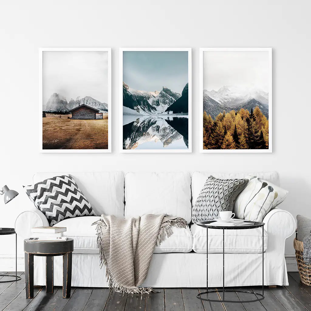 3-teilige Herbst Berg, Wald, See Wandkunst. Nordisches Foto