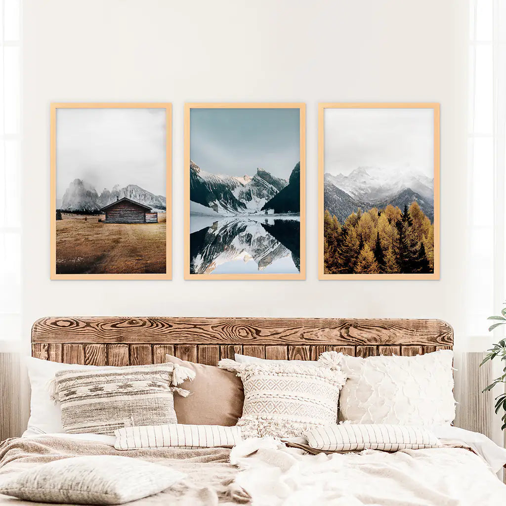 3-teilige Herbst Berg, Wald, See Wandkunst. Nordisches Foto