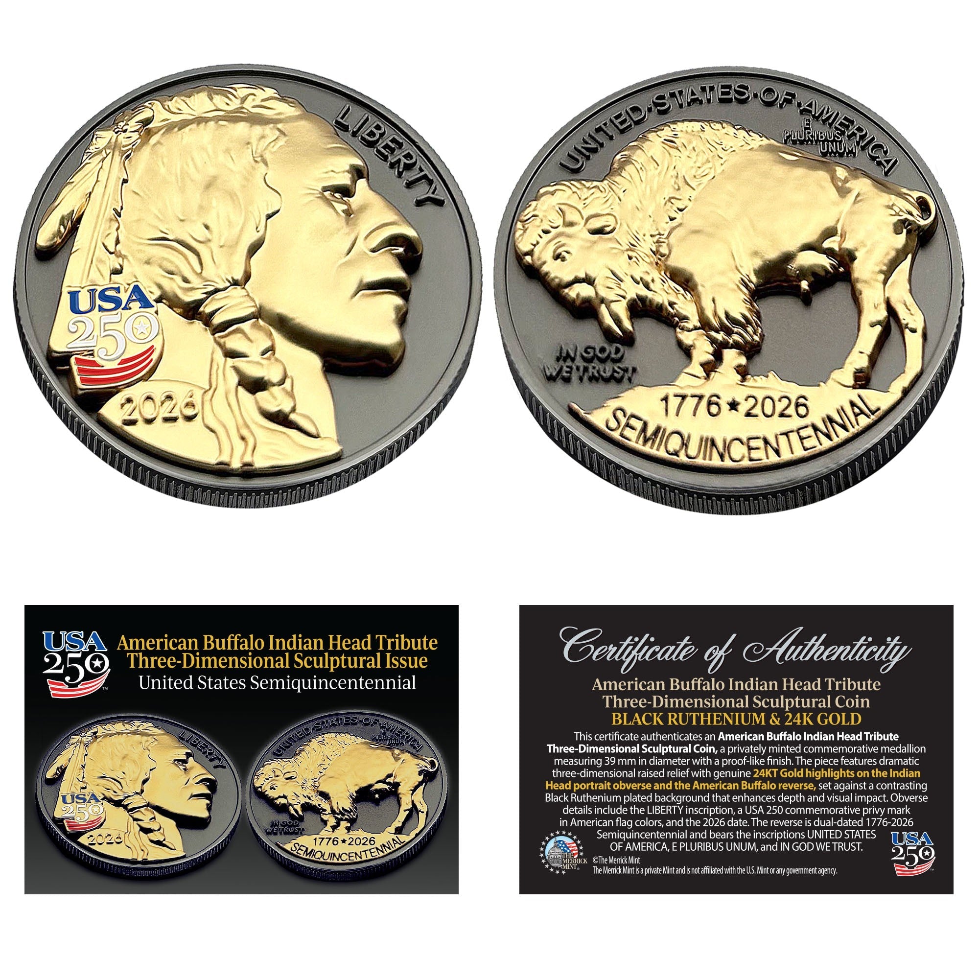 3D American Buffalo Indian Head Tribute Coin mit USA 250 Privy Mark (Schwarzruthenium & 24k Gold)