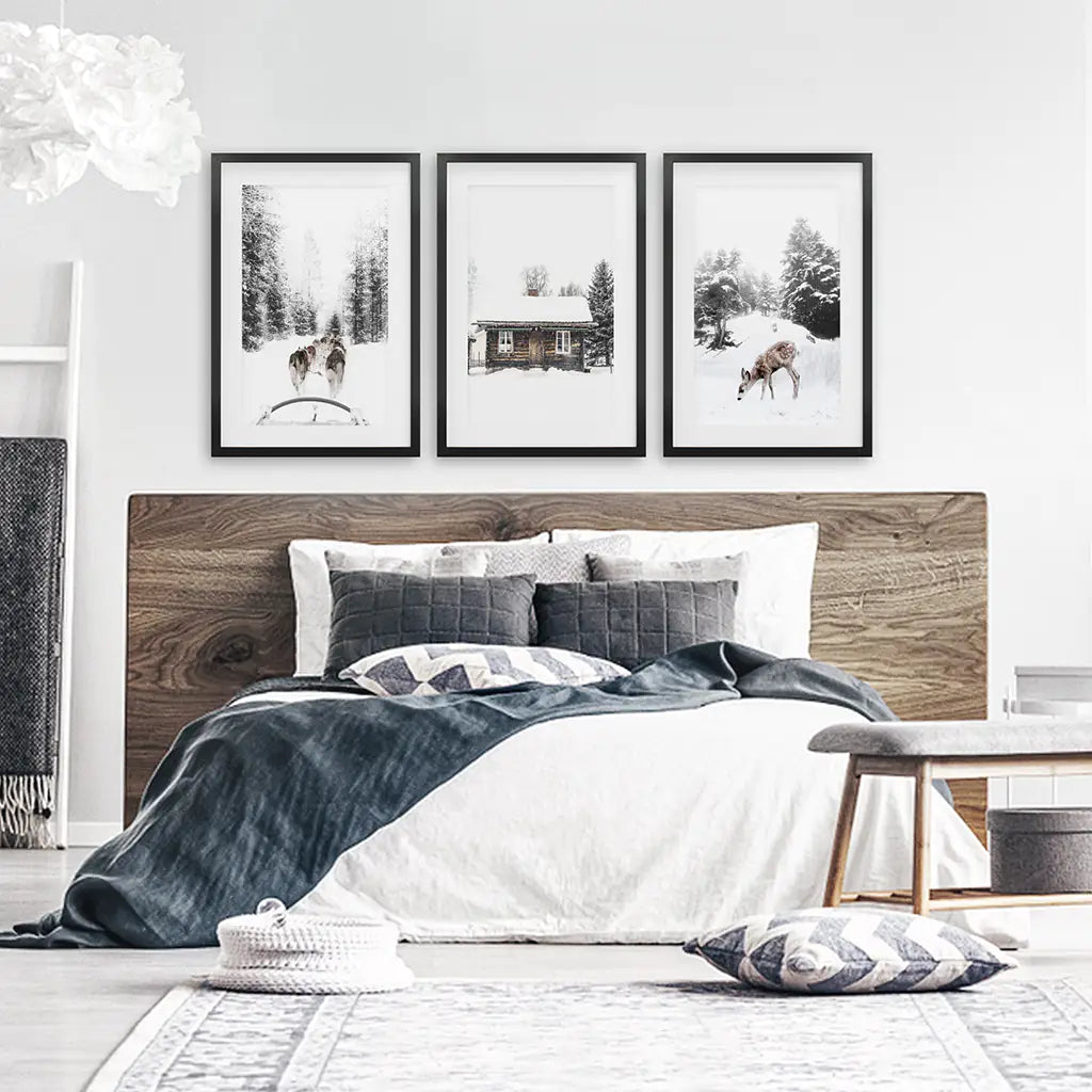 Weihnachtsstimmung 3er-Set Kunstdrucke. Rehkitz, Blockhütte, Schlittenfahrt