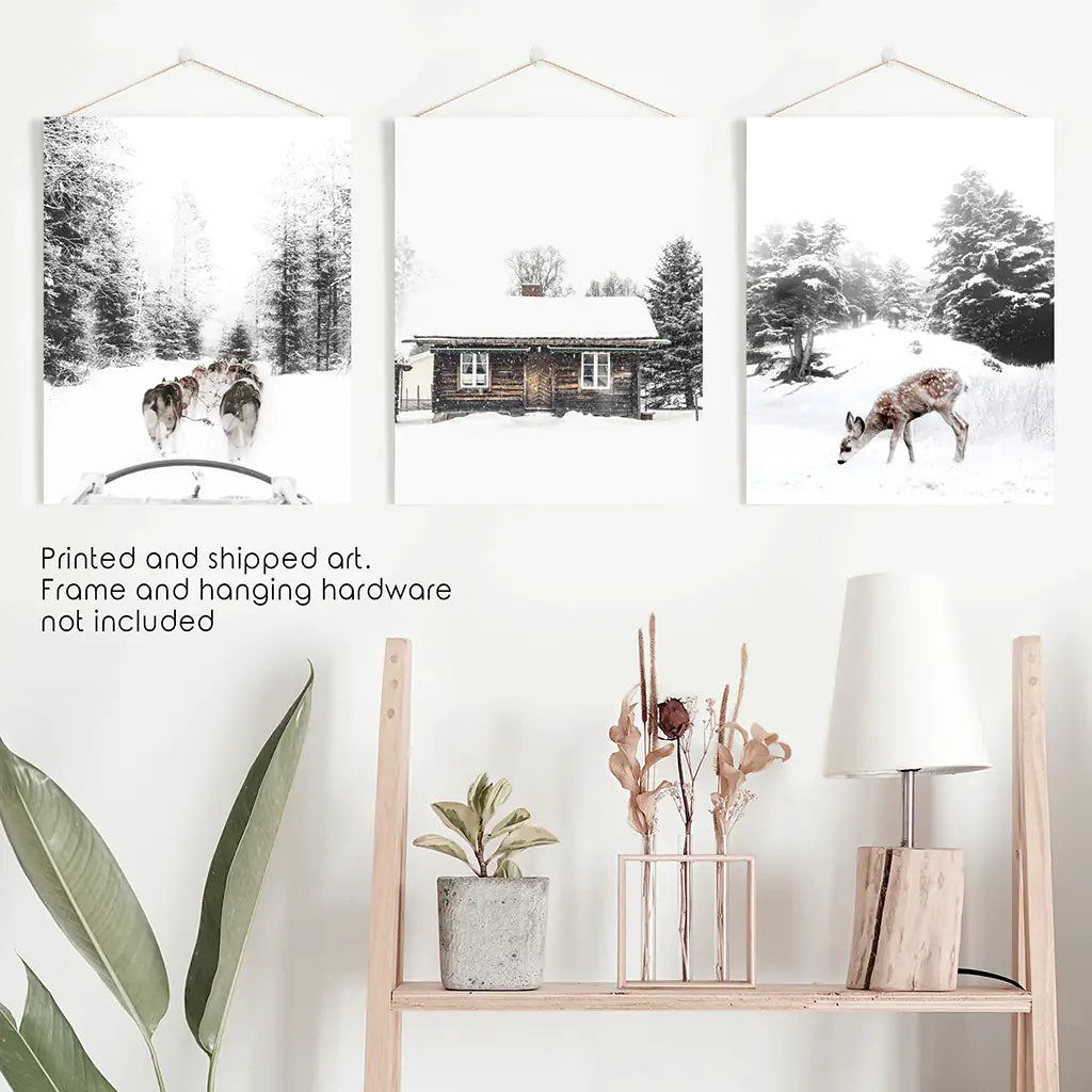 Weihnachtsstimmung 3er-Set Kunstdrucke. Rehkitz, Blockhütte, Schlittenfahrt