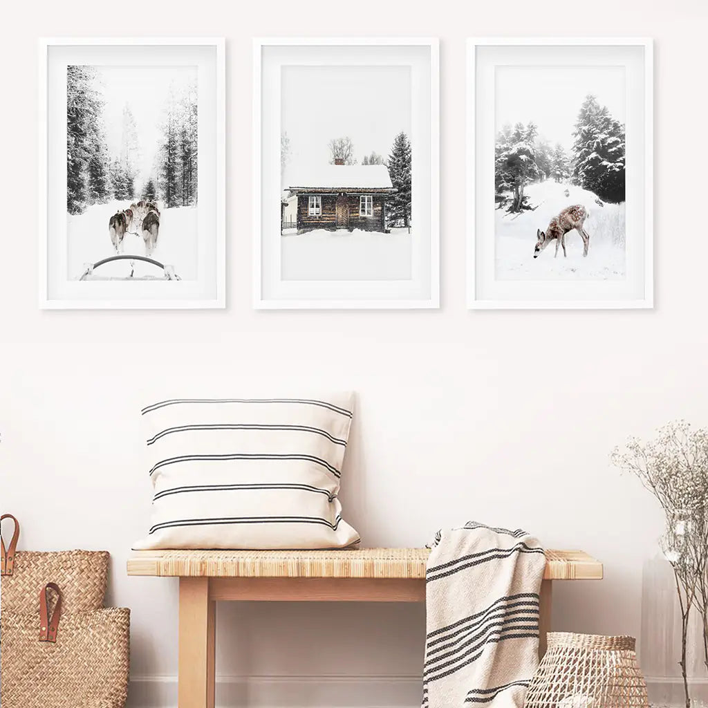 Weihnachtsstimmung 3er-Set Kunstdrucke. Rehkitz, Blockhütte, Schlittenfahrt