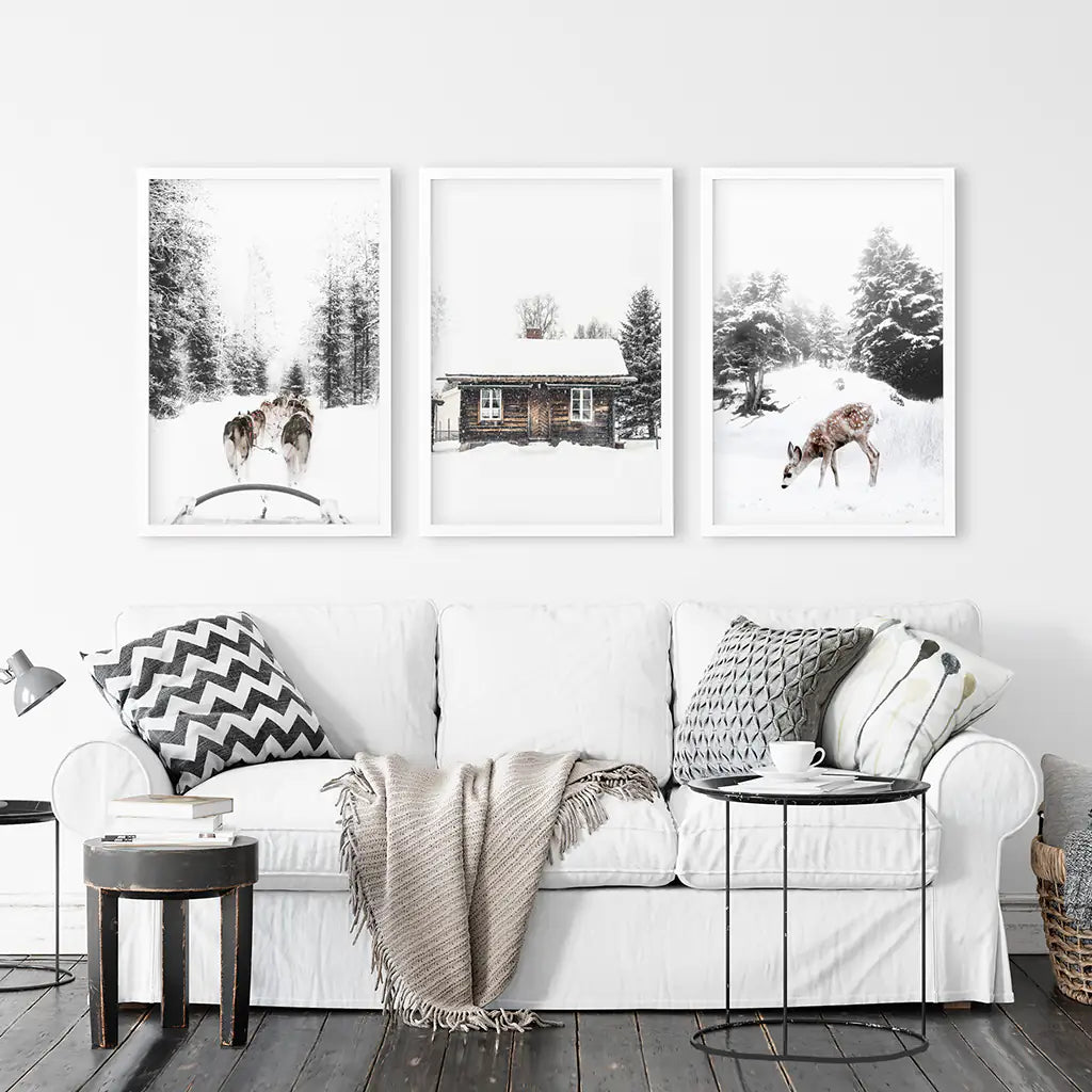Weihnachtsstimmung 3er-Set Kunstdrucke. Rehkitz, Blockhütte, Schlittenfahrt