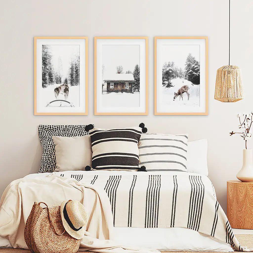 Weihnachtsstimmung 3er-Set Kunstdrucke. Rehkitz, Blockhütte, Schlittenfahrt
