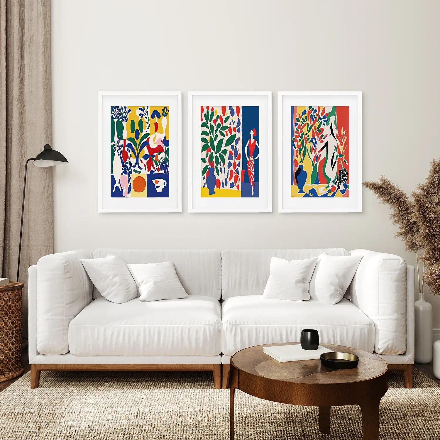 Modernes, farbenfrohes Blumen-Wandkunst-Set im Matisse-Stil